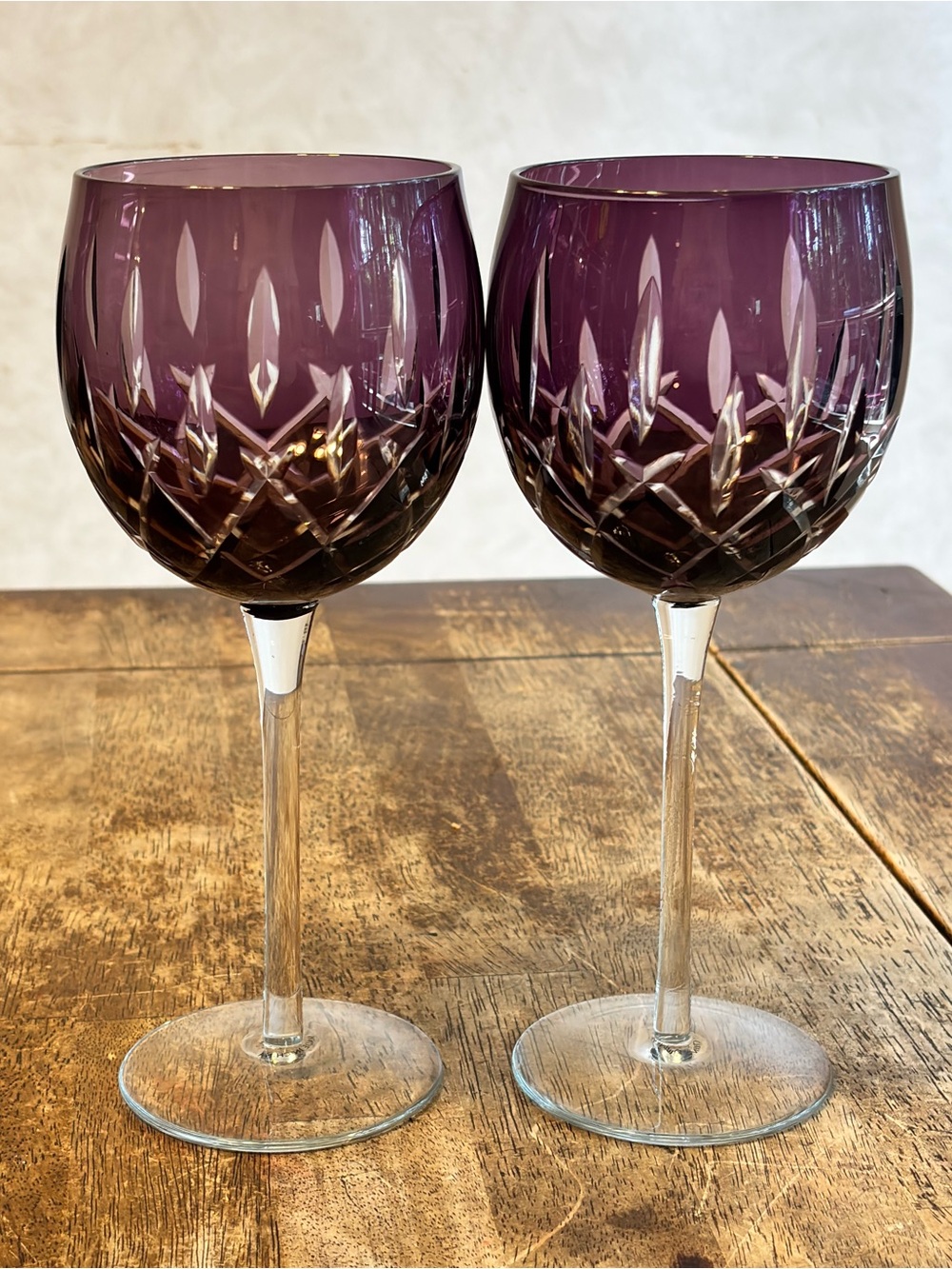 Gorham Lady Anne Amethyst Purple Cut Crystal Balloon Wine Goblets Set of 2